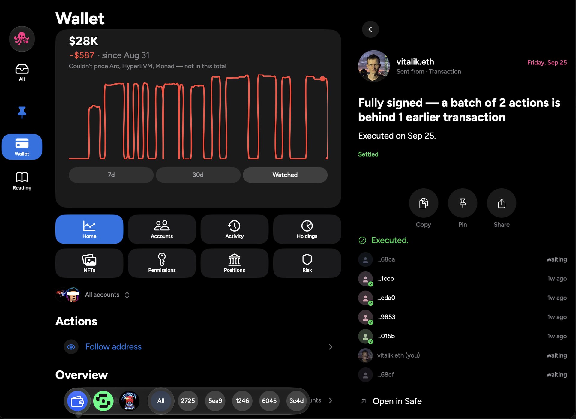 Casberi on the Mac: the Wallet, with a Safe transaction open in the side panel.