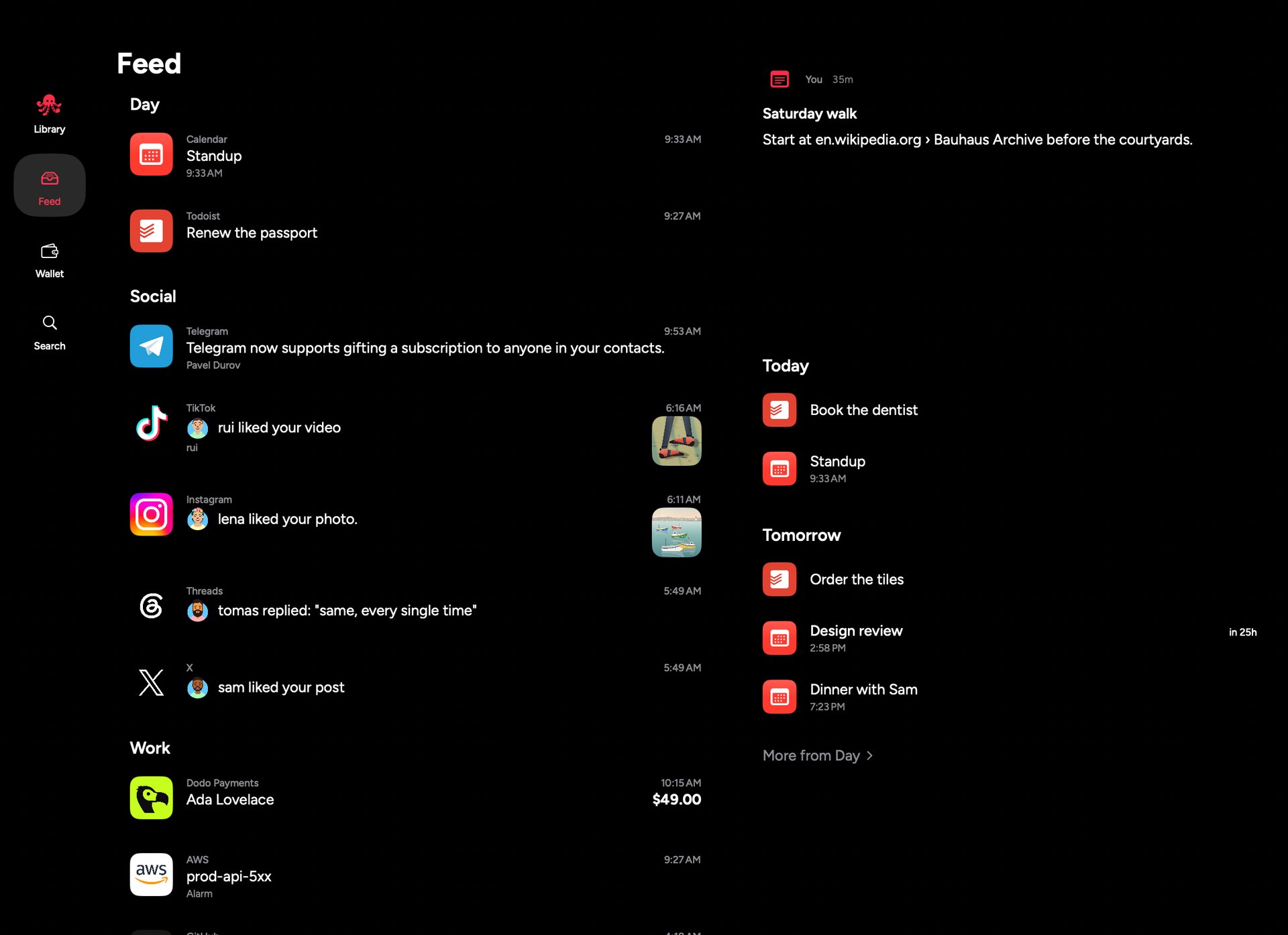 Casberi on the Mac: the Feed by category, with Day's next events in the side panel.