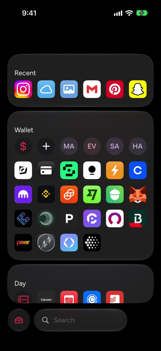 Casberi on iPhone: Search opens every app, grouped by category, from your recent apps to Wallet and Day.