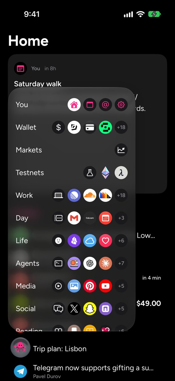 Casberi on iPhone: every category in one menu, from Wallet and Work to Social and Reading.